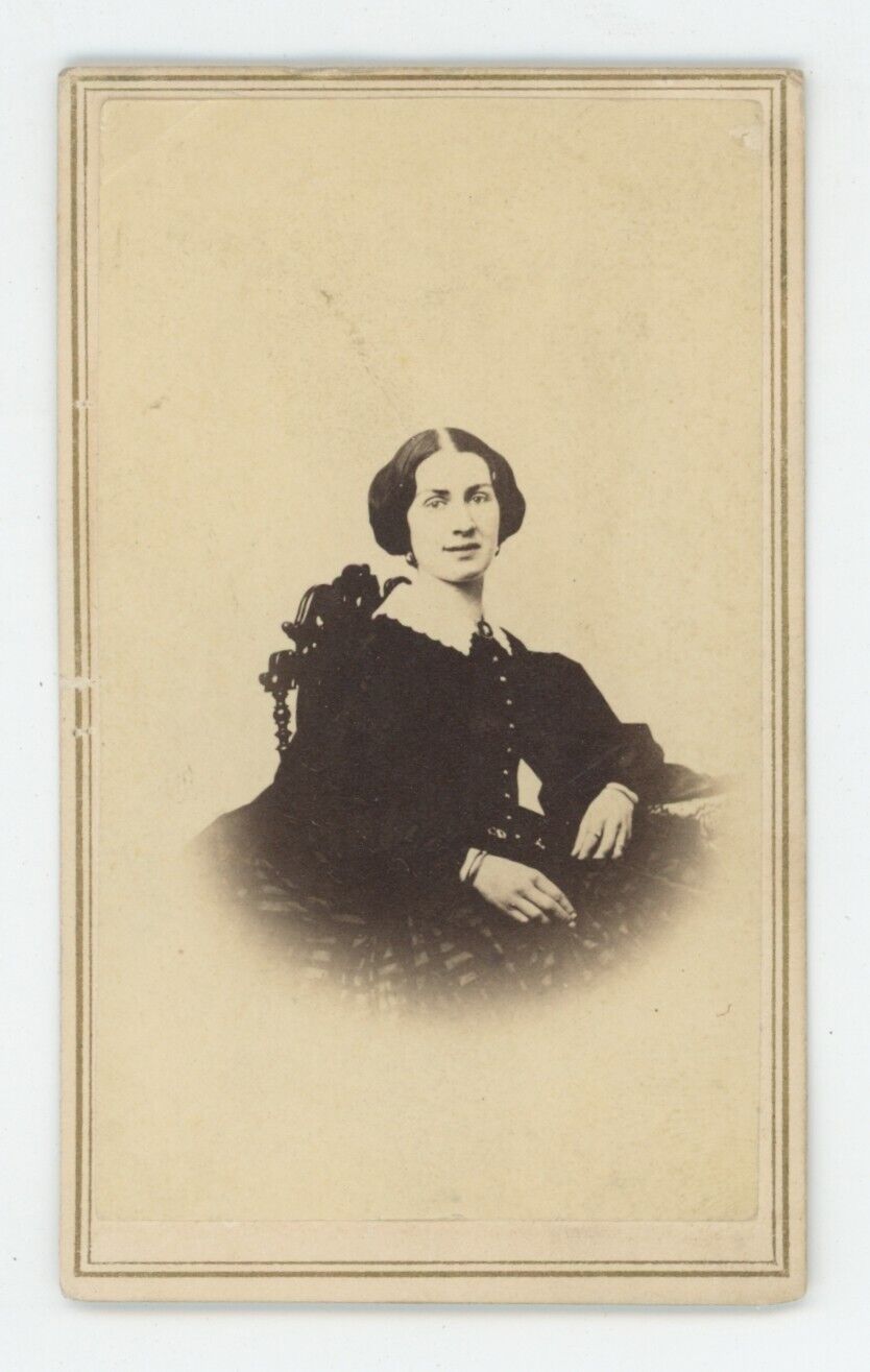 Antique CDV c1860s Beautiful Woman In Black Dress Sitting in Chair Zanesville OH