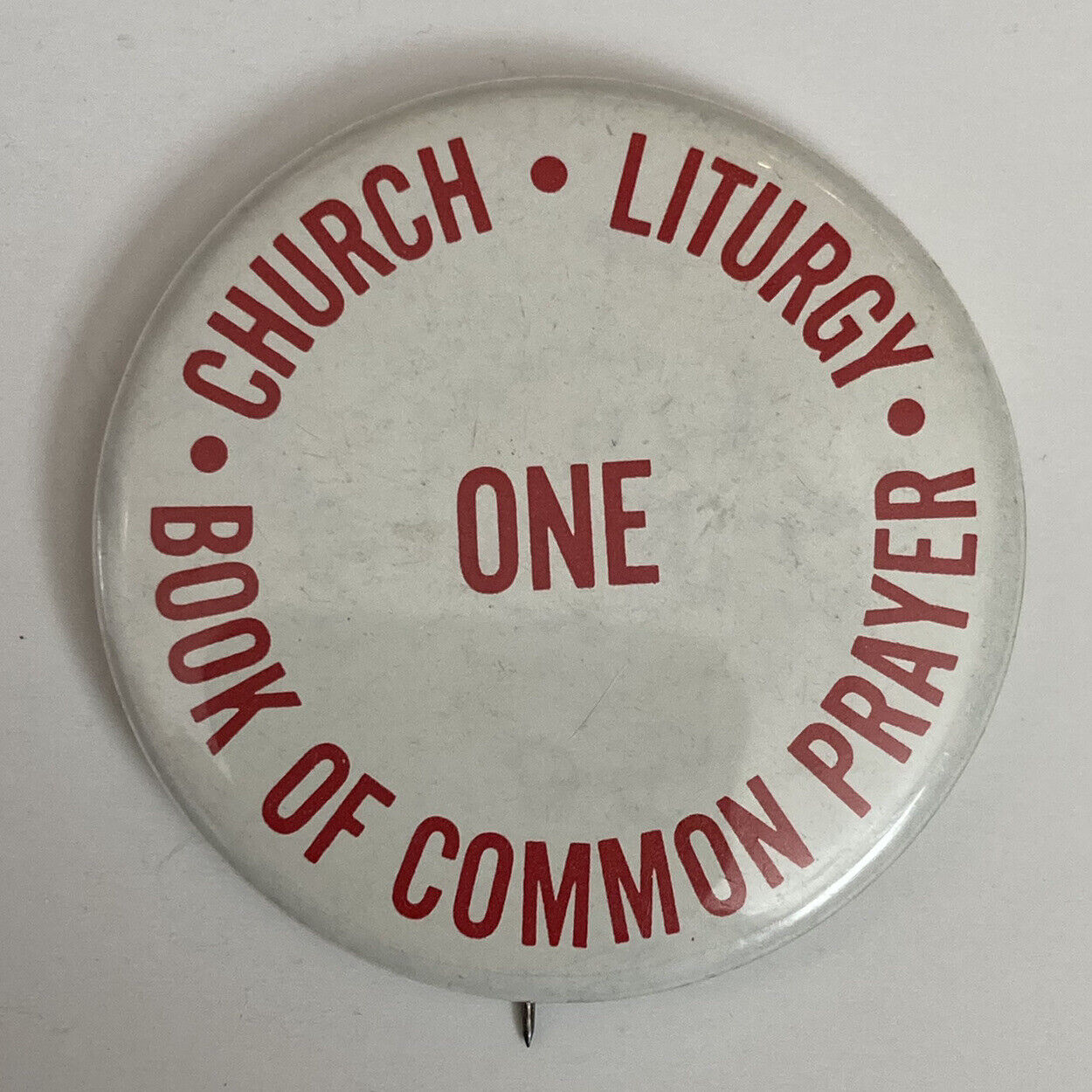 Vintage Round Novelty Pinback Button One Church Liturgy Book of Common Prayer