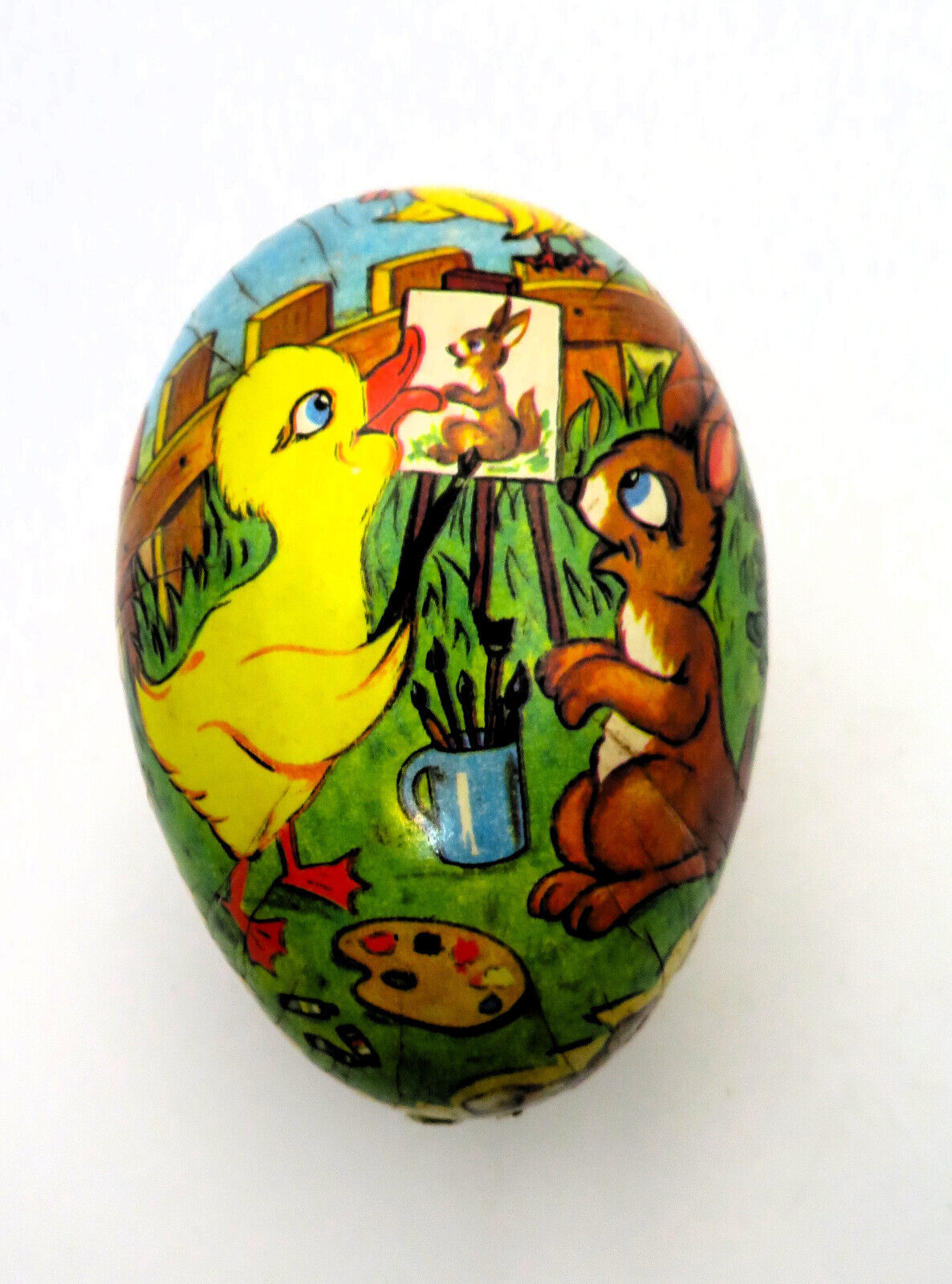 Vintage German Easter Egg Candy Container Ducks Bunny Paper Mache GREAT GRAPHIC