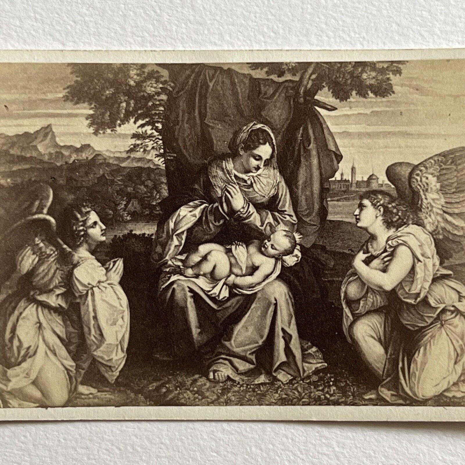 Antique CDV Filler Photograph Adoration Of Angels Titian Mary Baby Jesus