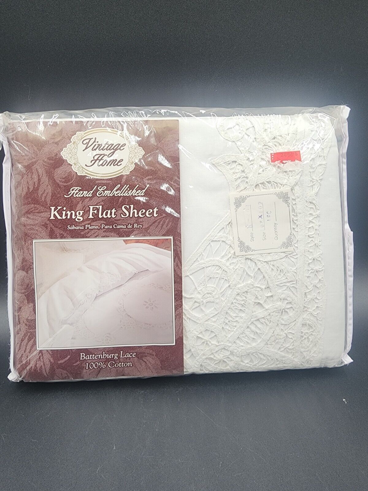 1993 Vintage Home King Flat Sheet Battenburg Lace 100% Cotton 108” X 102”