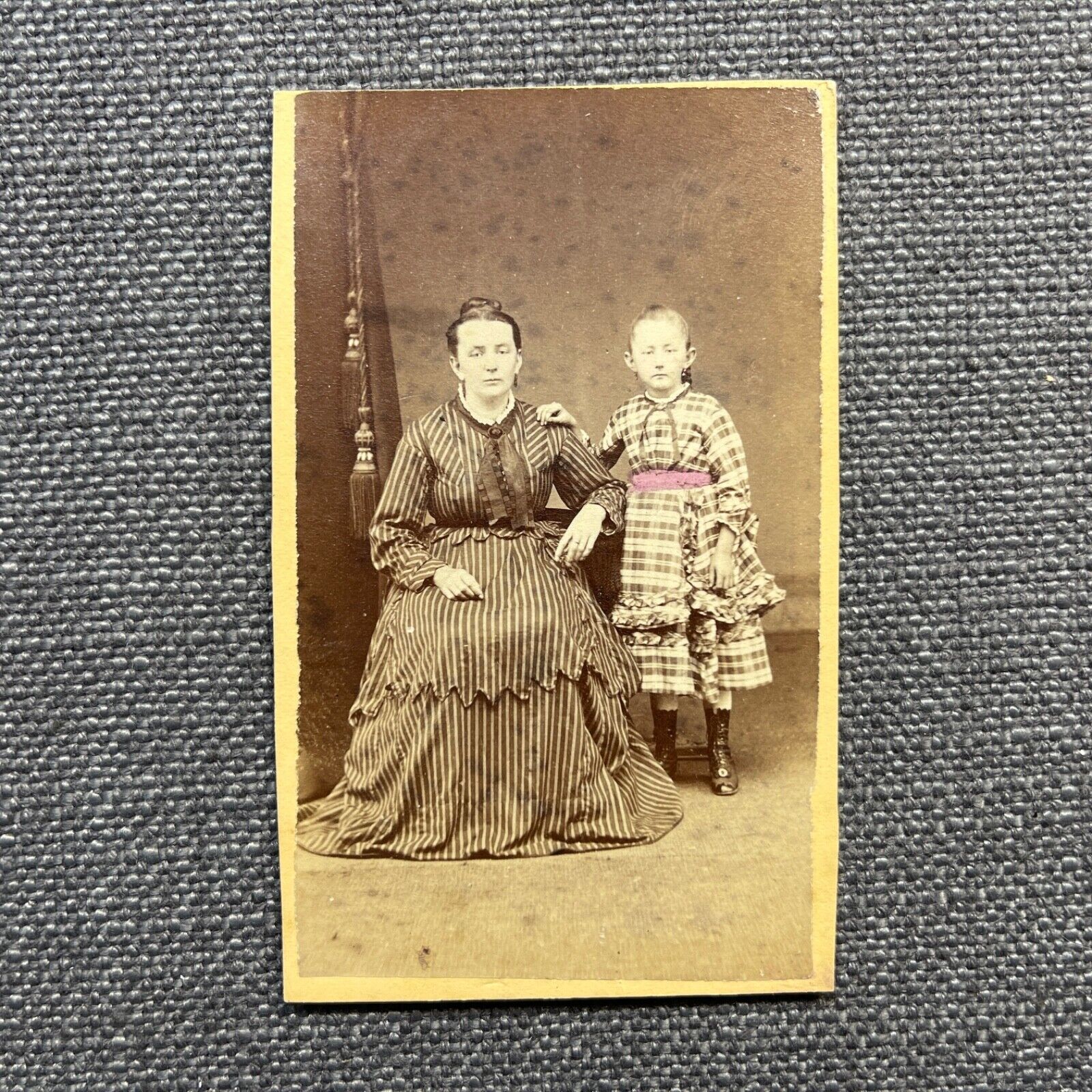 CDV Photo Antique Portrait Woman and Little Girl in Plaid Dress Hand Tinted PA