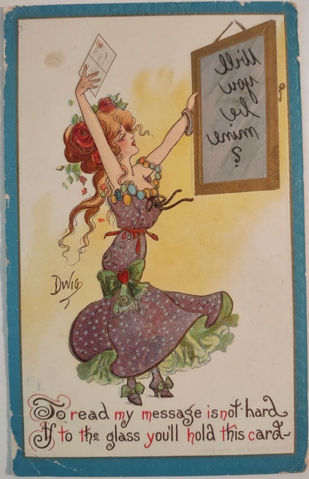 Vintage Postcard Message in Mirror Artist Signed Dwig 1911