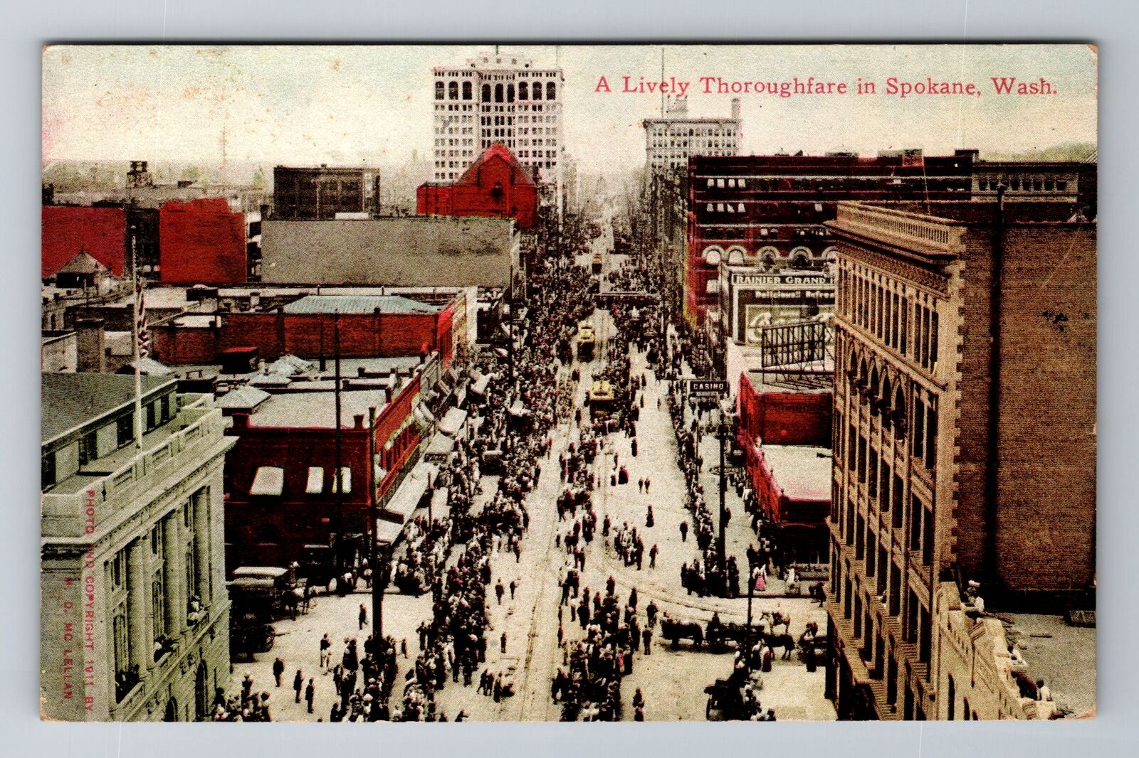 Spokane WA-Washington, Aerial Lively Thoroughfare, Antique, Vintage Postcard