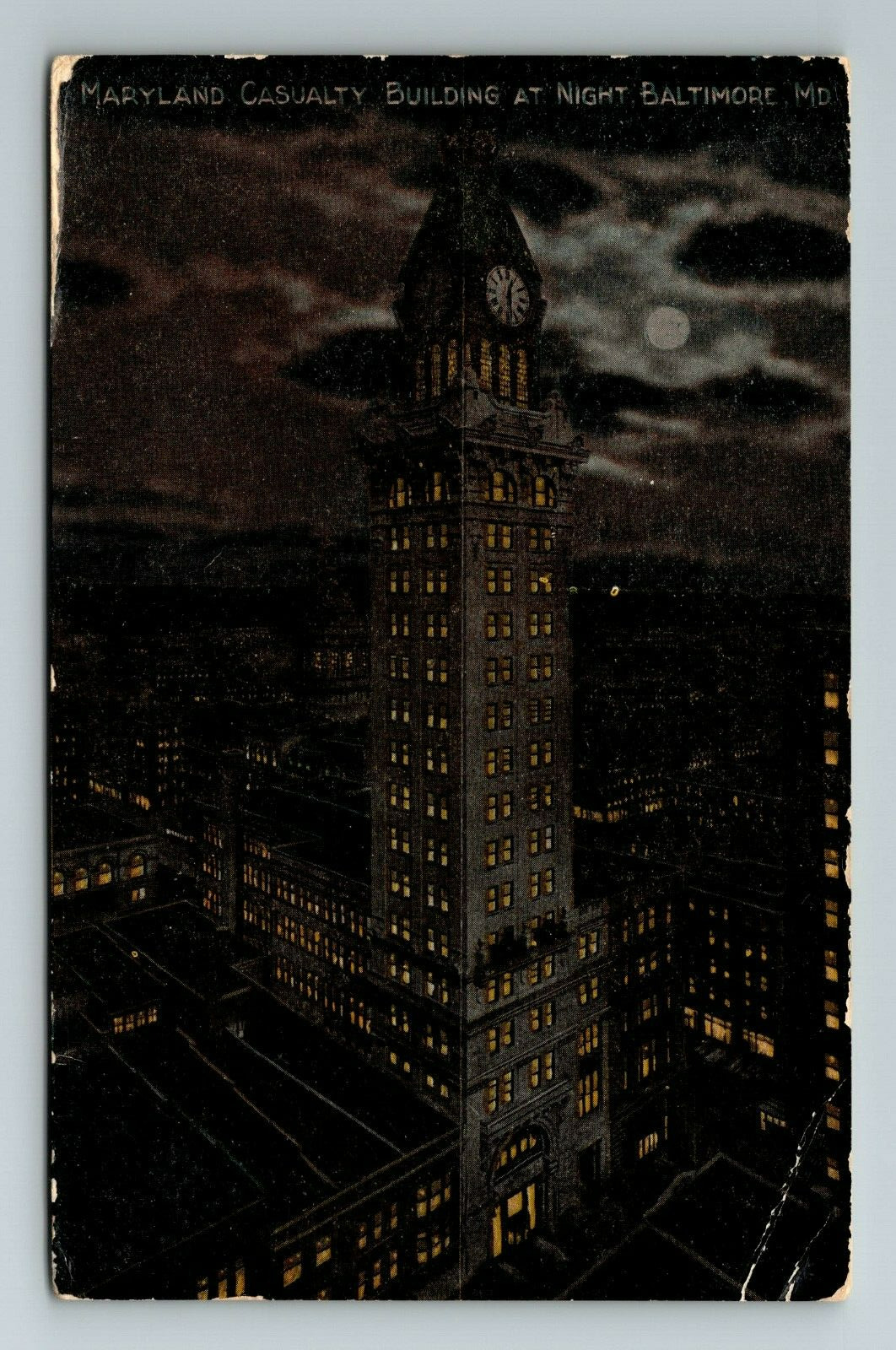Baltimore MD-Maryland, Maryland Causality Building At Night, Vintage Postcard