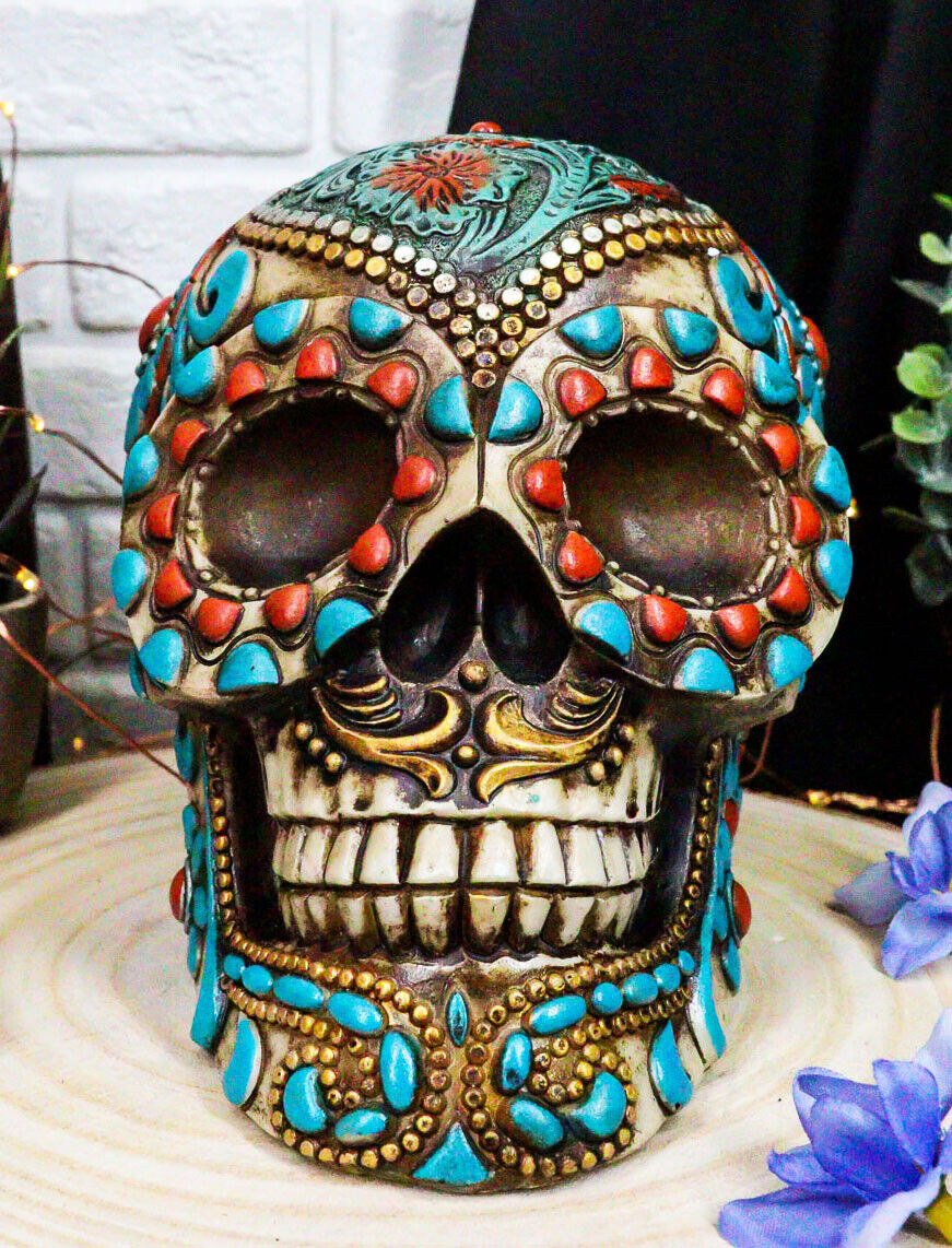 Southwestern Indian Boho Chic Aztec Tooled Skull With Turquoise And Red Stones