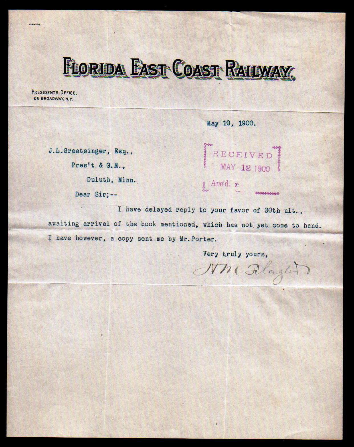 1900 Henry Flagler signs RARE Florida East Coast Railway Letter - Bold signature