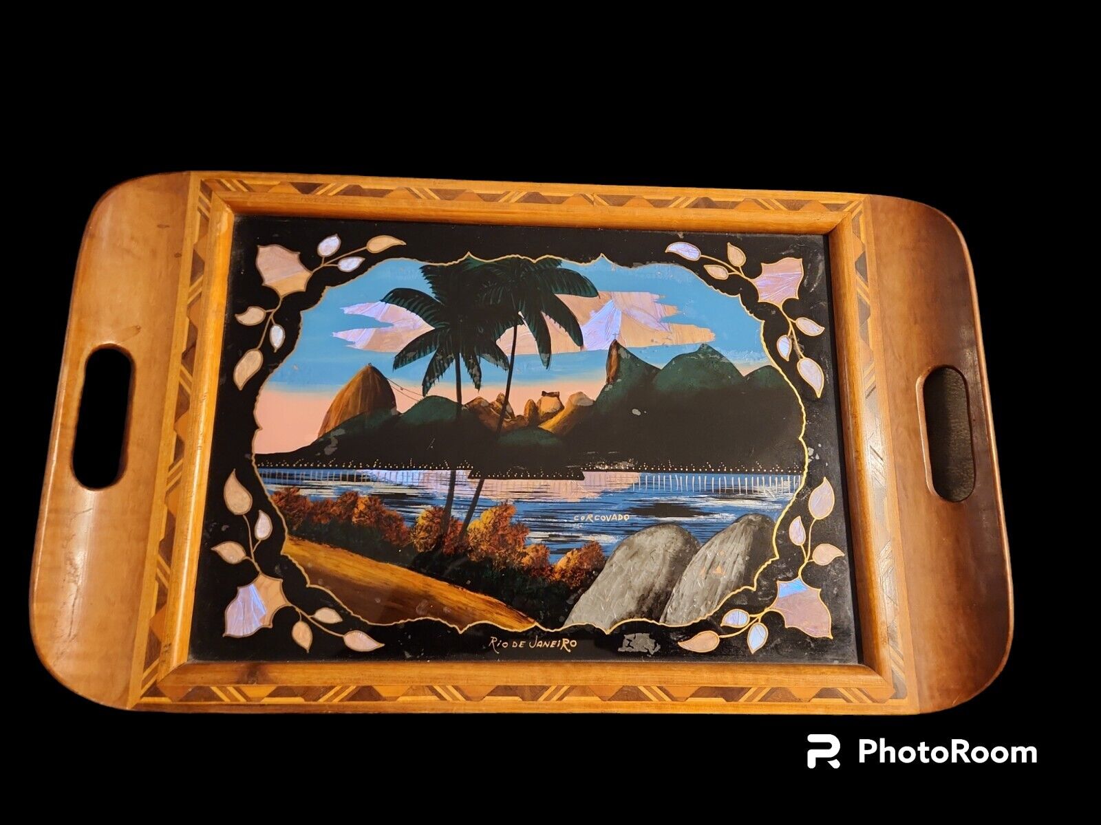 Vintage Brazilian Rio de Janeiro Morpho Butterfly Wing Inlay Wood 2-handle Tray