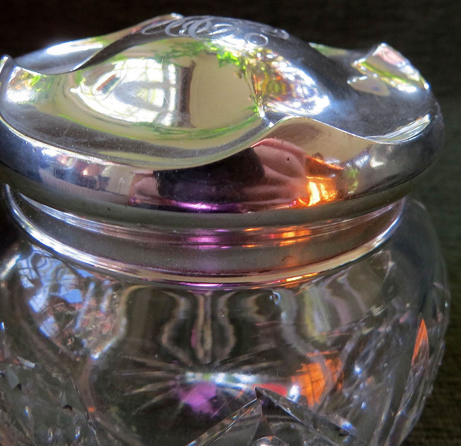 Gorgeous Vintage Cut Crystal Art Deco Dresser Jar w/ Sterling Silver lid -3 7/8\