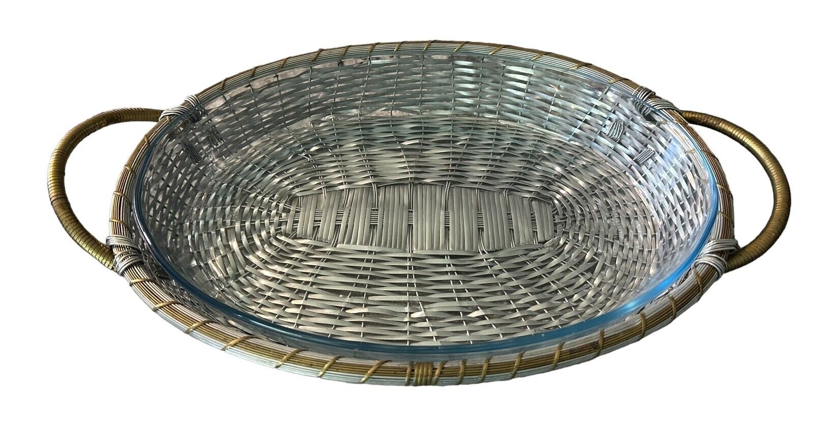 VTG Oval Silver Metal Serving Basket Aluminum & Brass W/Brazilian Baking Dish