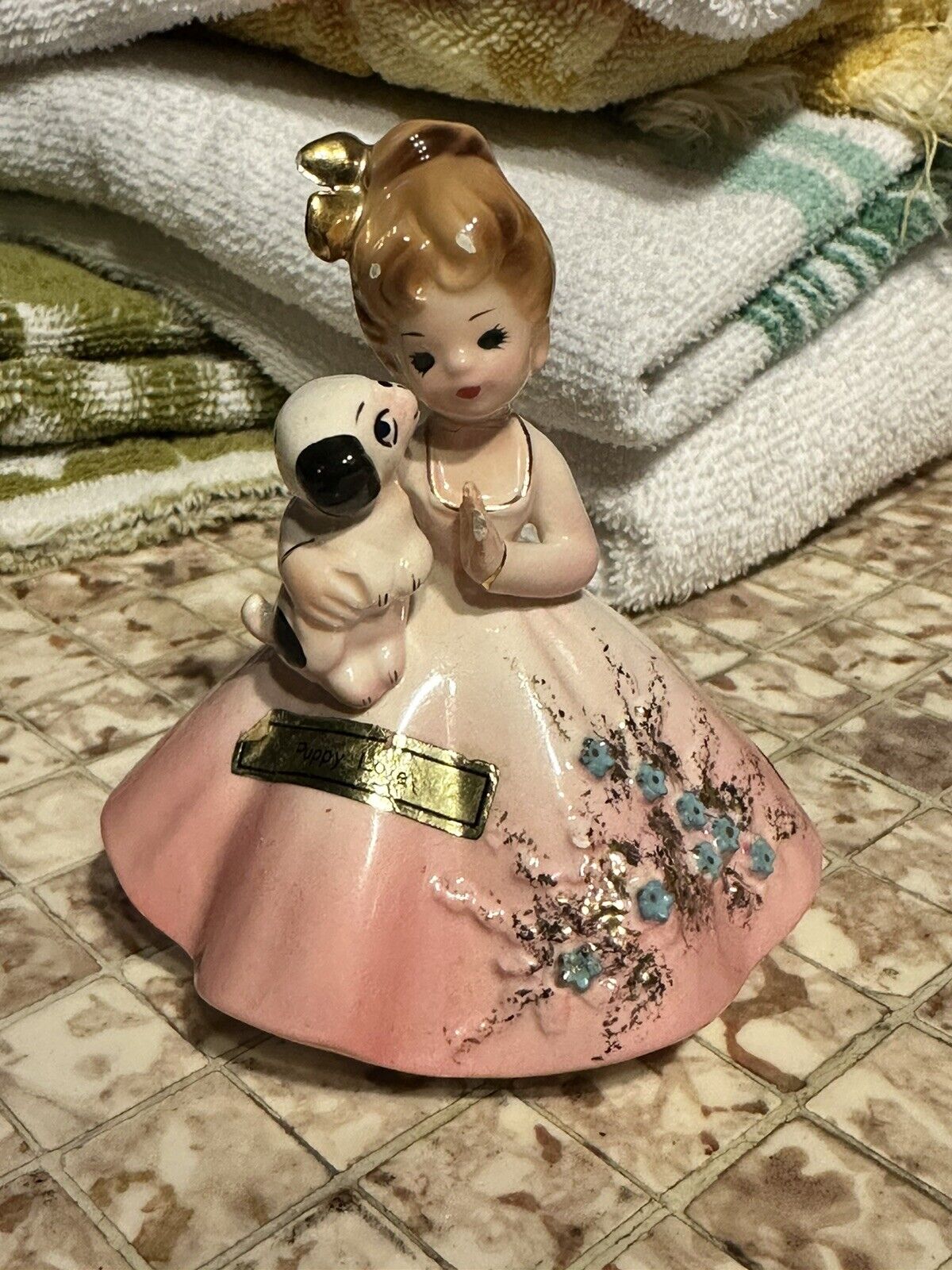 VTG Josef Originals Favorite Sayings Figurine Puppy Love Girl Pink Dress REPAIR