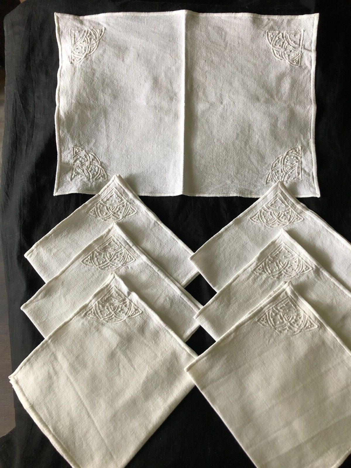 Antique French Art Deco Set 6 White Embroidery Linen Tea Time Napkins Tea Cloth