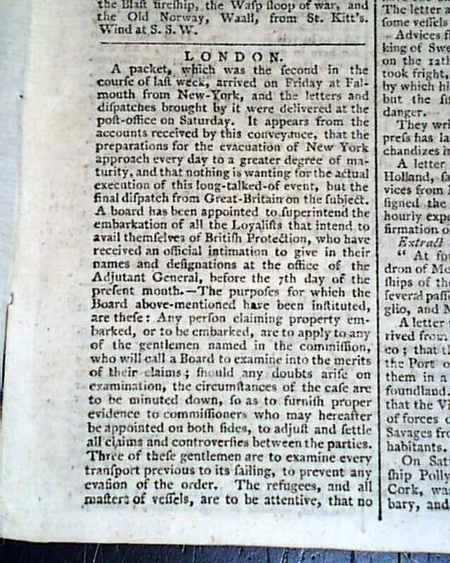 Post Revolutionary War LOYALISTS to Evacuate New York City ? 1783 UK Newspaper