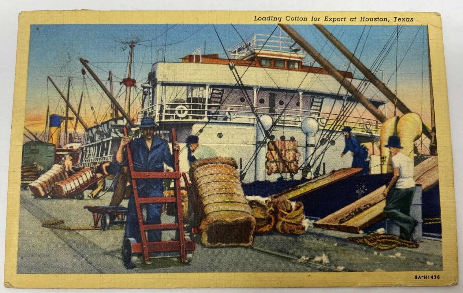 1941 Loading Cotton for Export Houston TX  Linen Postcard 