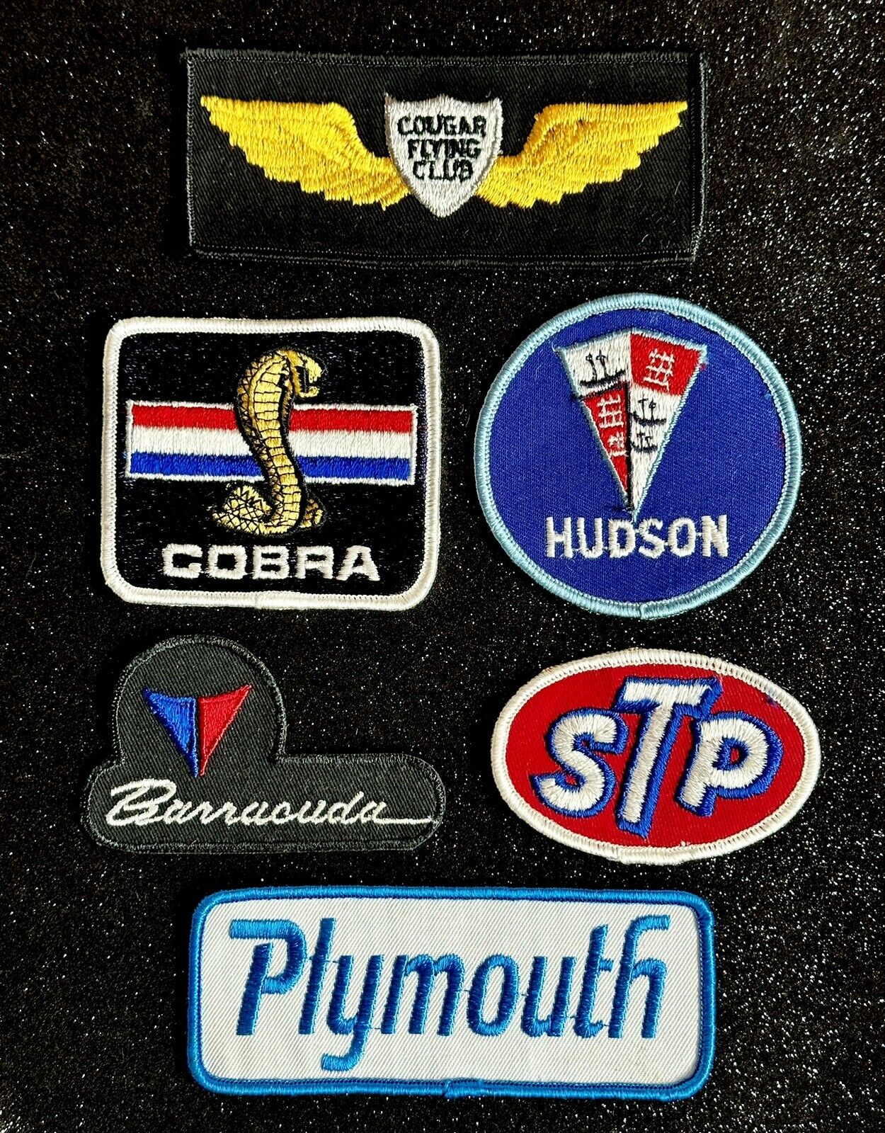 Vintage 5 Automotive Patch Lot ~ COBRA BARRACUDA HUDSON PLYMOUTH STP ~ RARE