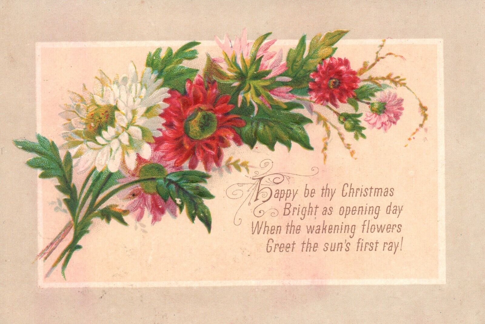 1880s-90s Happy Be Thy Christmas Bunches of Colorful Flowers Trade Card