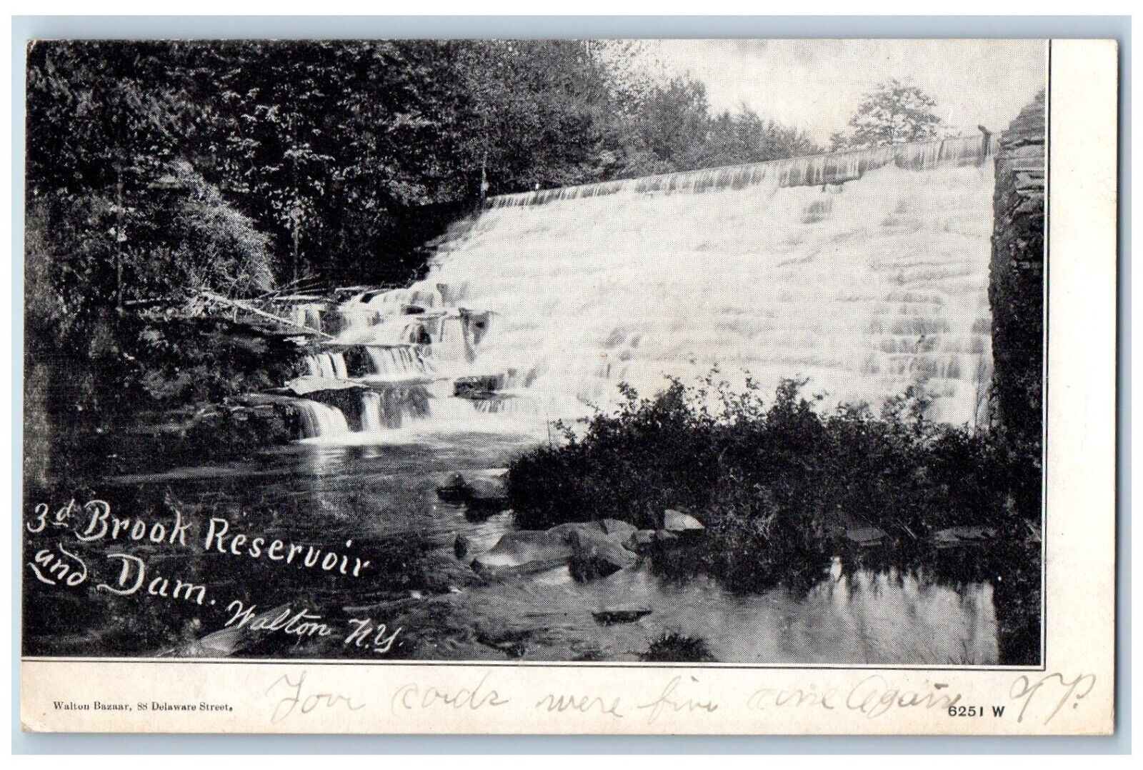 Walton New York NY Postcard 3rd Brook Reservoir And Dam Waterfalls c1905 Antique