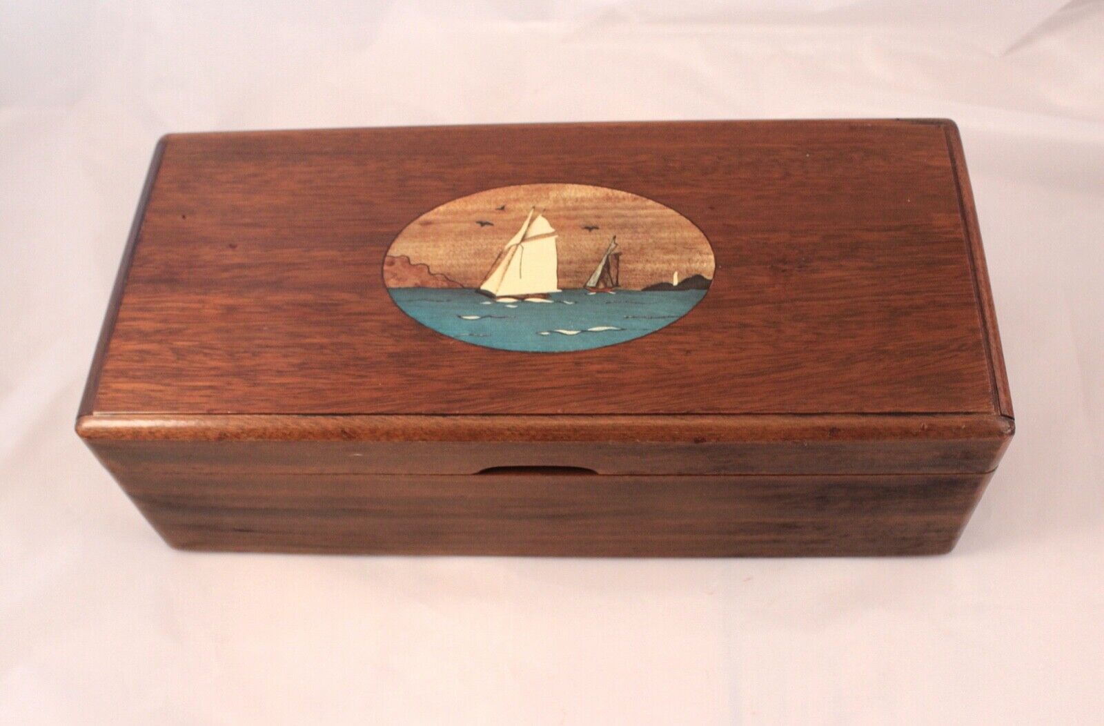 Vintage Walnut Music Box w Hand Painted Sailboat--Sailor Guy Gift