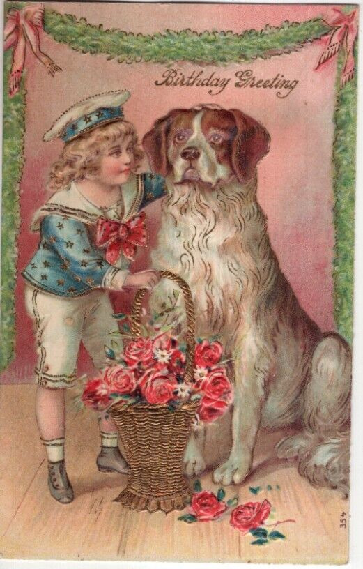ANTIQUE EMBOSSED BIRTHDAY Postcard  BOY WITH ARM AROUND HIS DOG, BASKET OF ROSES