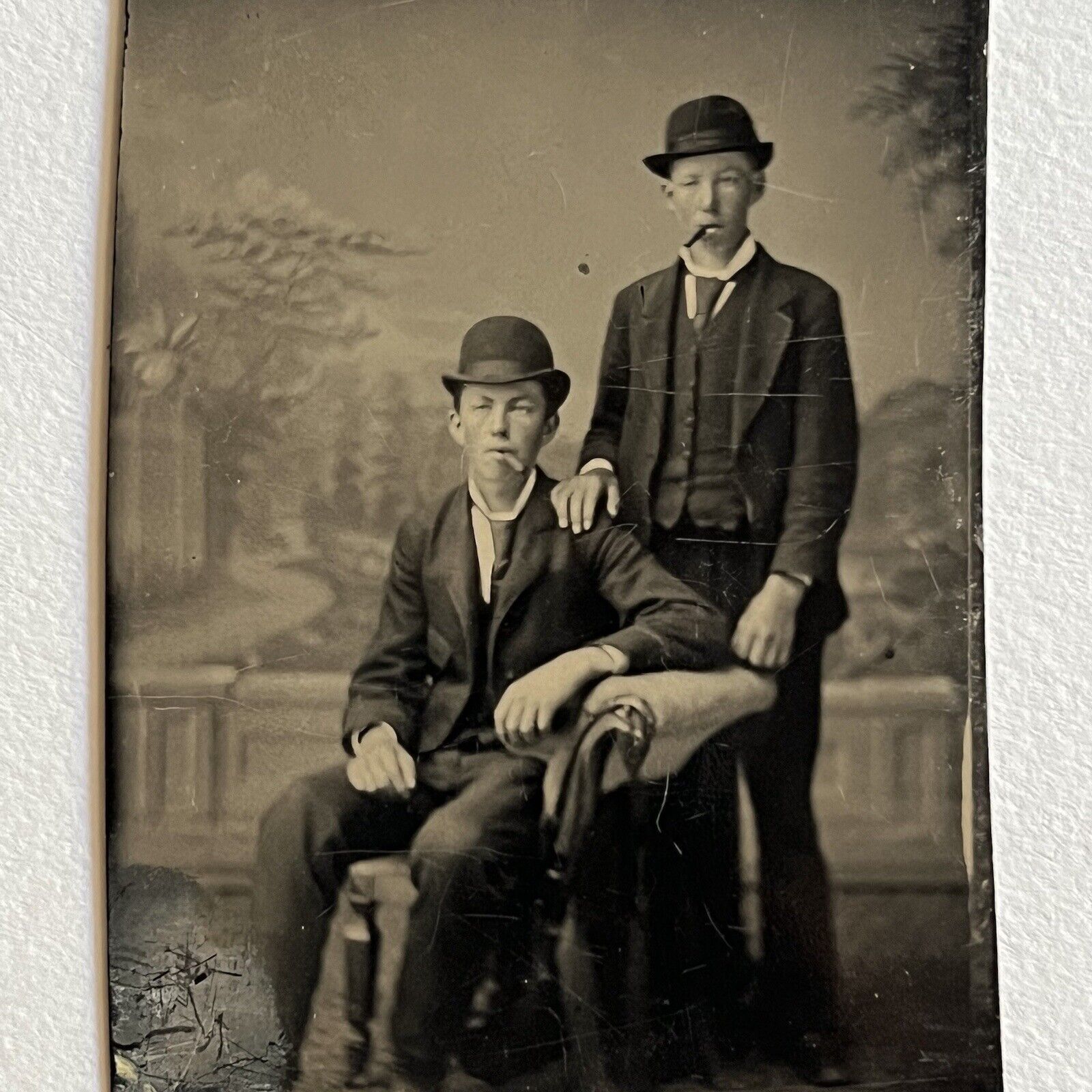 Antique Tintype Photograph Rascally Young Men Teen Boys Cigars & Bowler Hats