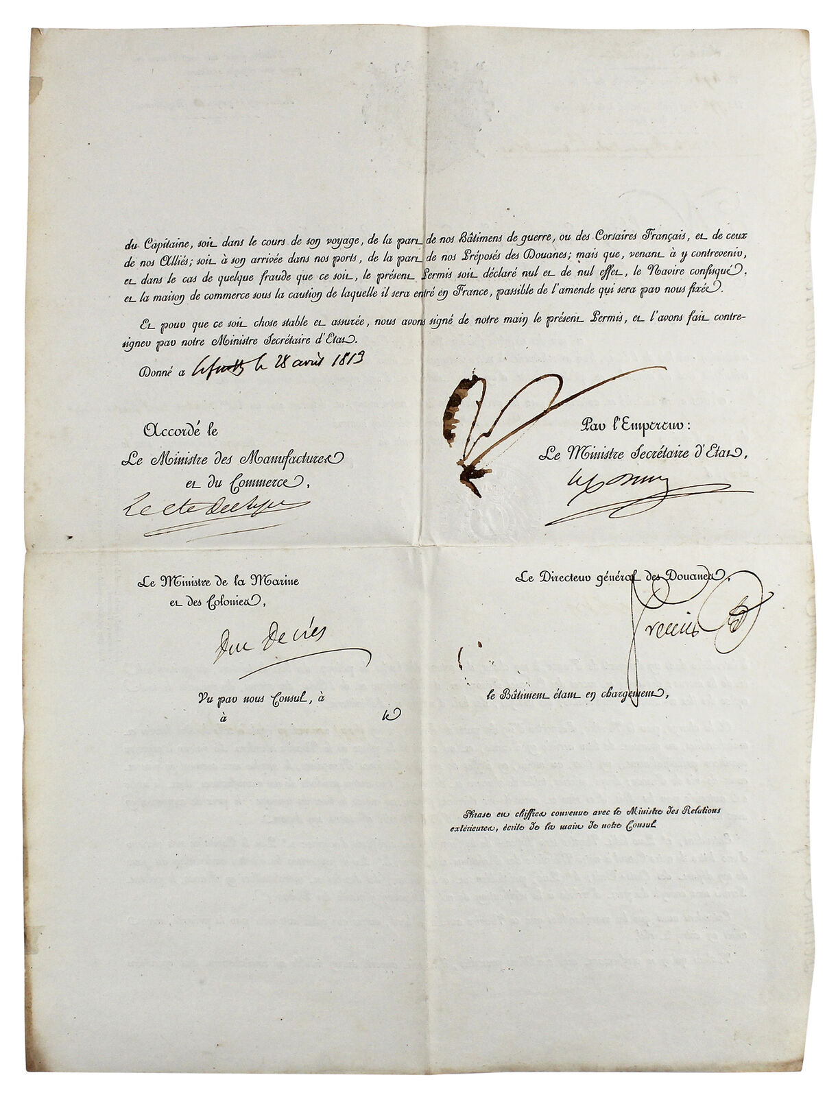 Napoleon Bonaparte Signed 13.25x18.25 1813 American Ships Passport JSA #XX50070