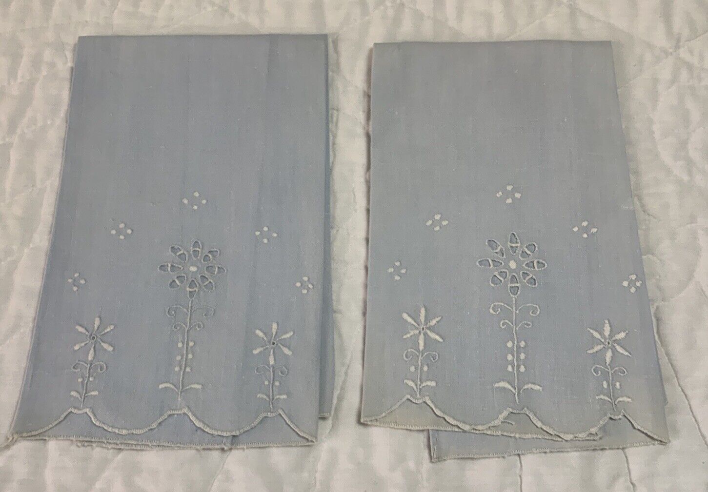 Two Vintage Tea Towels Or Guest Towels, Cotton, Lt. Blue, Flower Embroidery