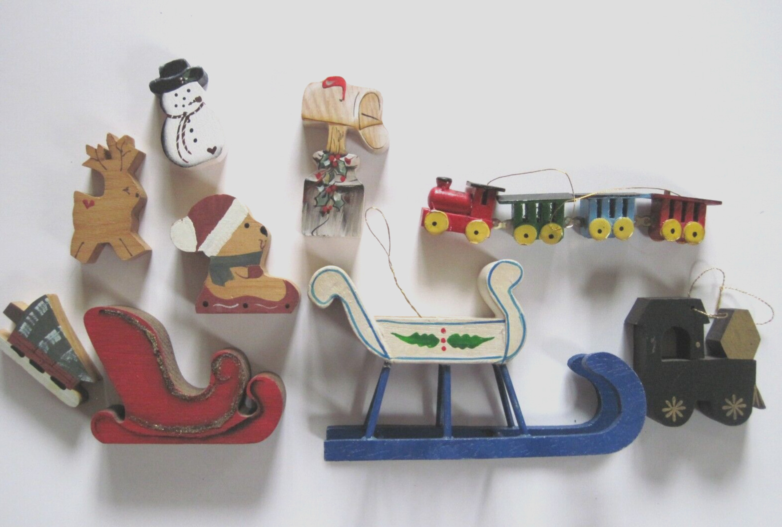Vintage Christmas Tree Wooden Ornaments and Decorations Lot Of 8