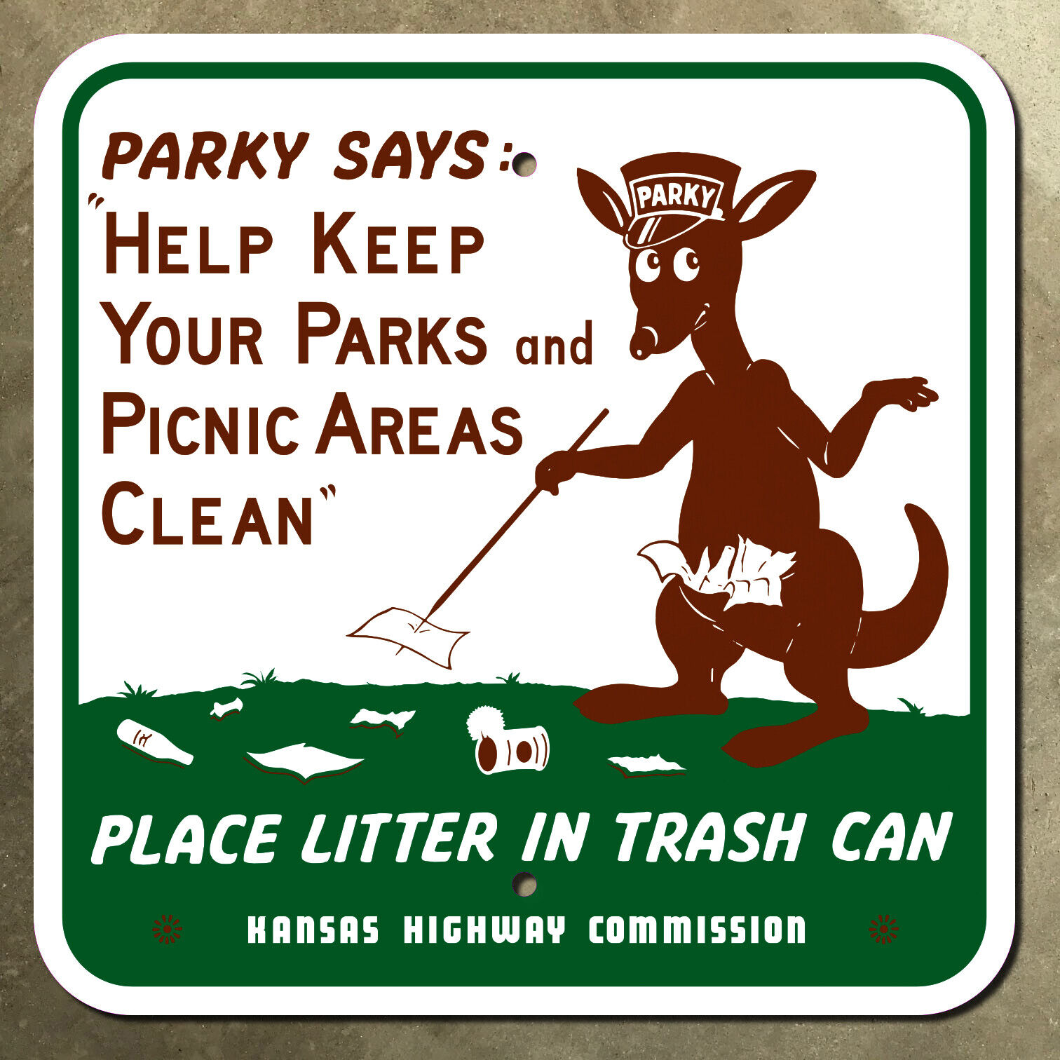 Kansas Parky kangaroo says keep parks clean highway marker road sign 1952 12x12