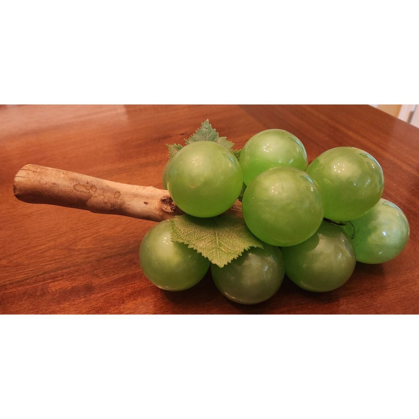 Vintage Large Lucite Green Grape Cluster On Driftwood Stem Bunch 10.5”