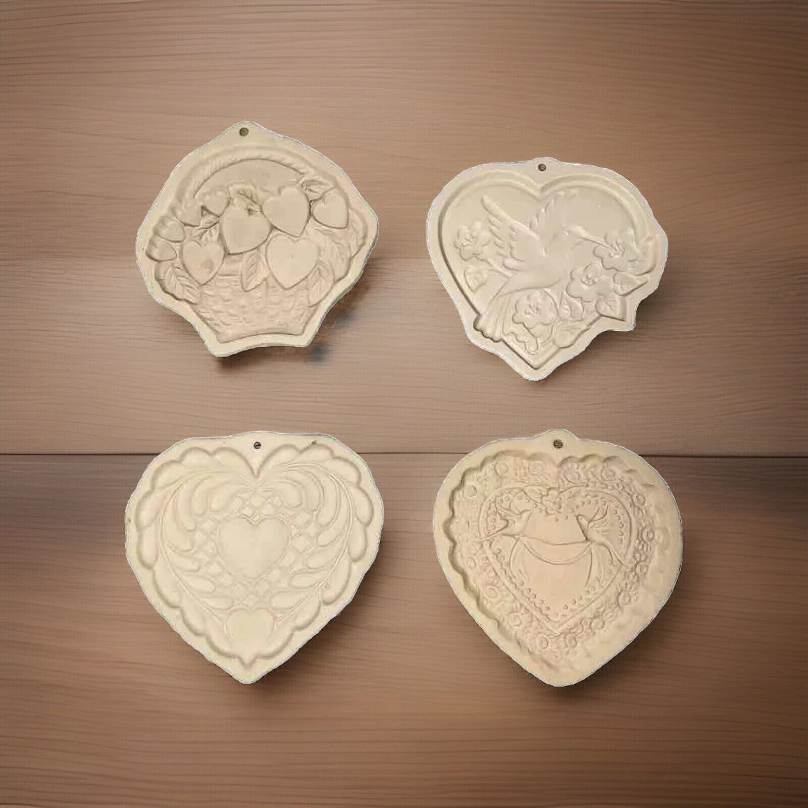 Lot Of 4 Brown Bag Cookie Art Molds Stoneware VINTAGE 3 Hearts 1 Basket