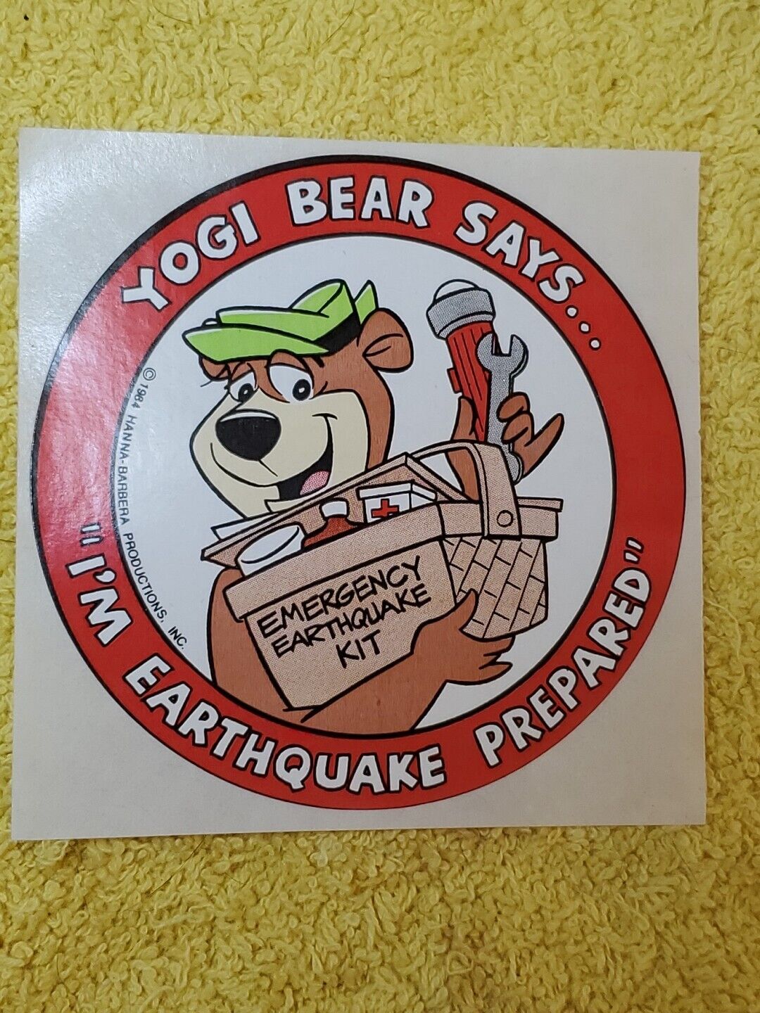 Vintage 1984 Yogi Bear Sticker I\'m Earthquake Prepared 