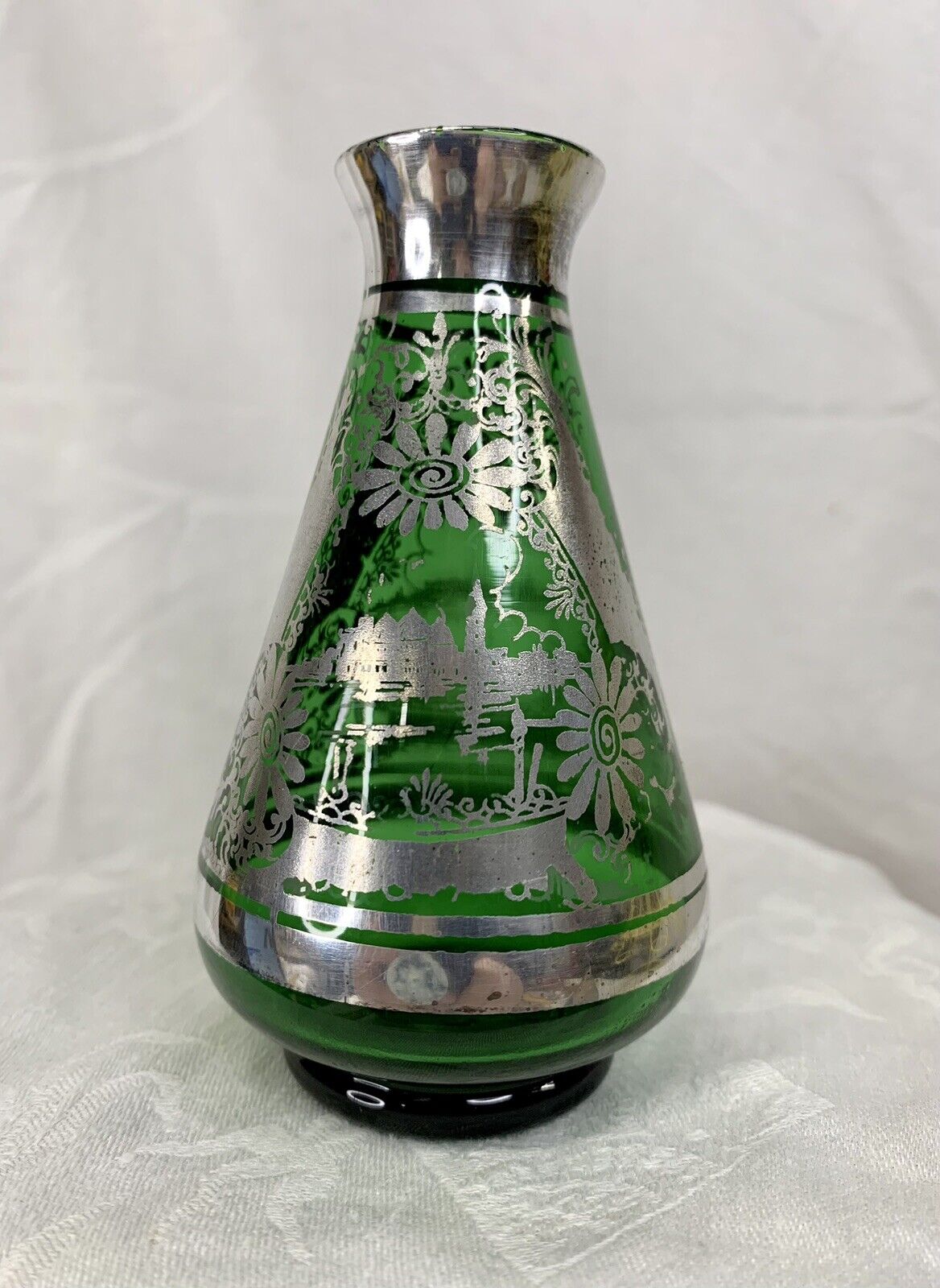 Green Glass Vase Silver Overlay Hand Painted Venice Scape 4 1/4”H Flowers