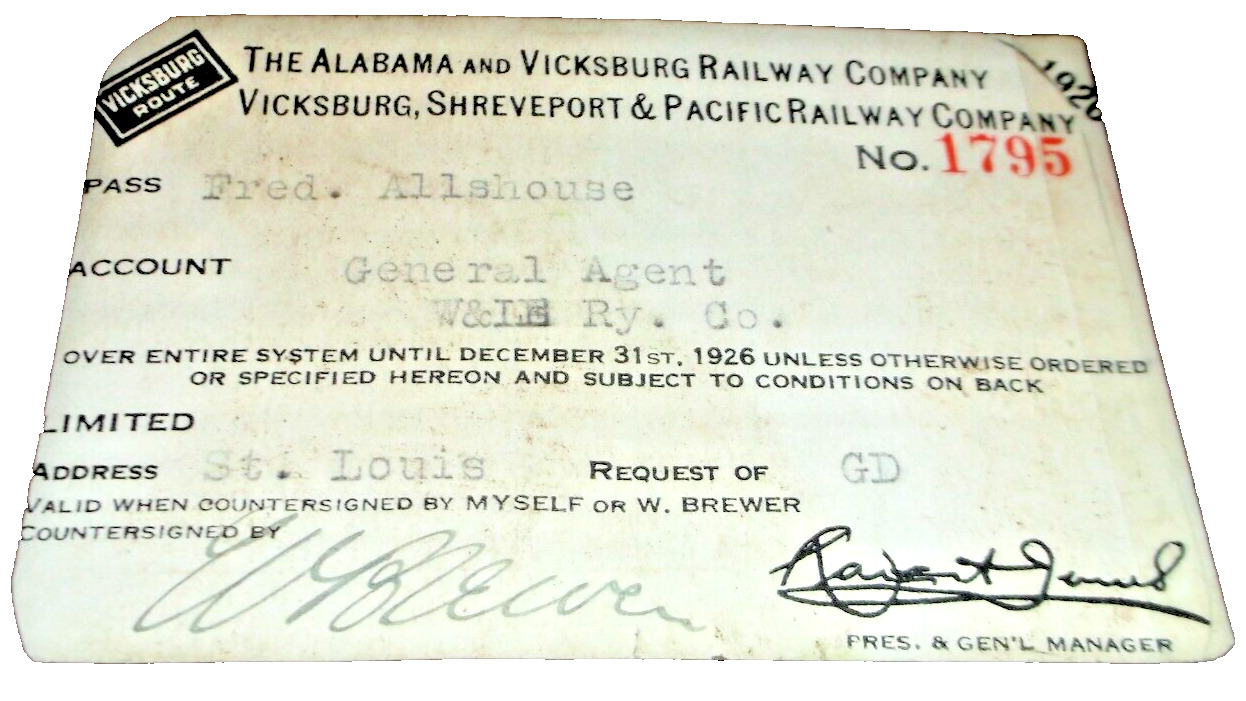 1926 ALABAMA & VICKSBURG VICKSBURG SHREVEPORT & PACIFIC EMPLOYEE PASS #1795
