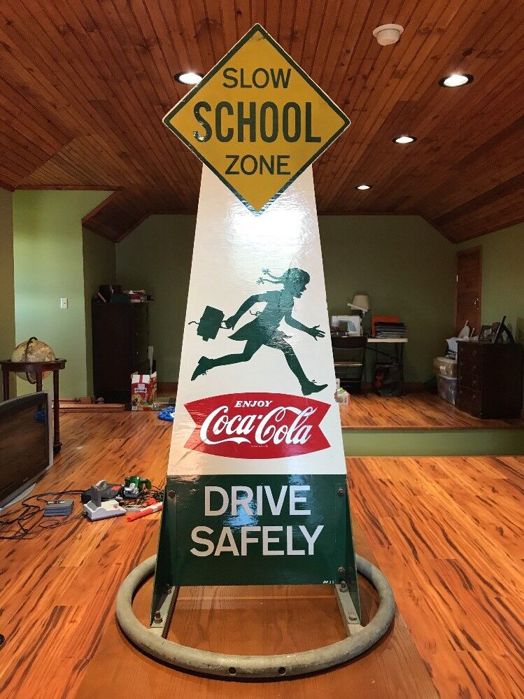 RARE Vintage Antique 1950’s Coca Cola Wooden School Zone Sign Completely Intact