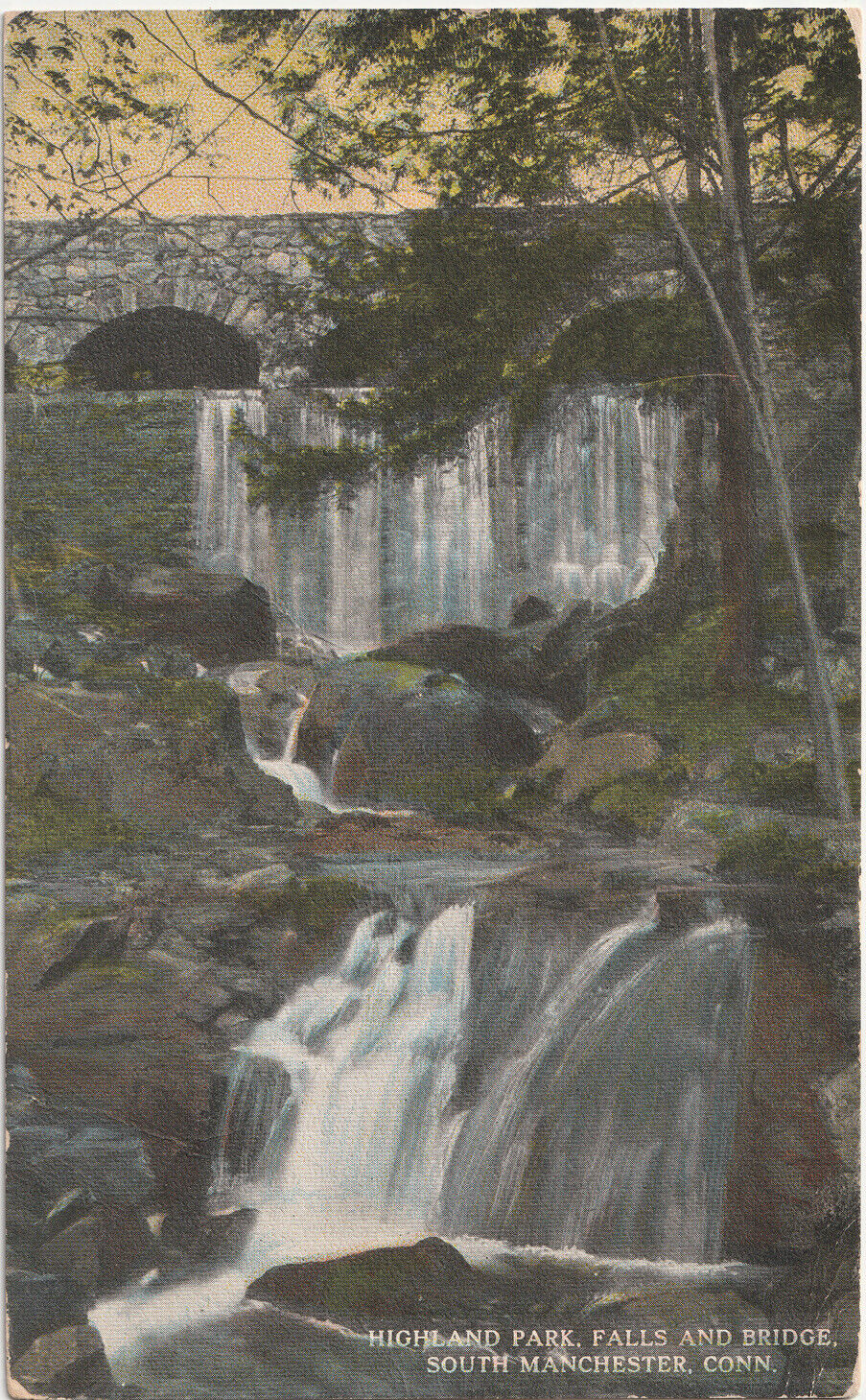1915 Highland Park Falls Bridge Spring St Manchester Connecticut Postcard