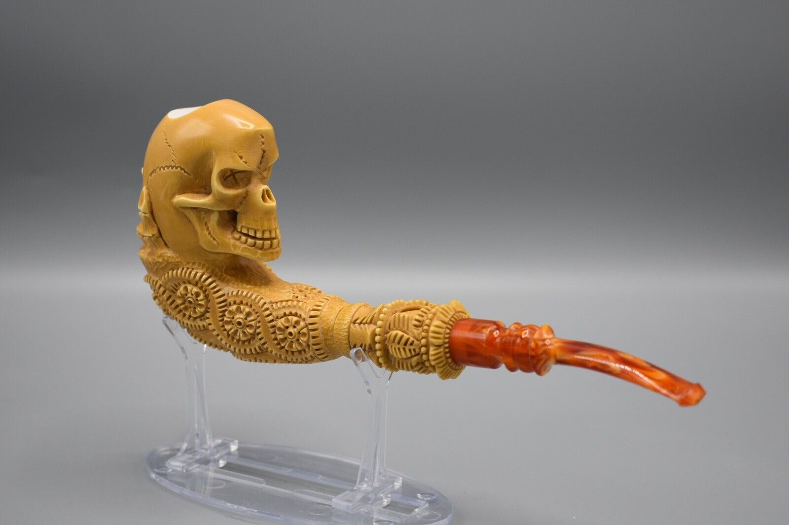 XL Skeleton Hand Holds Reverse Skull Block Meerschaum-NEW HANDMADE W CASE#1673