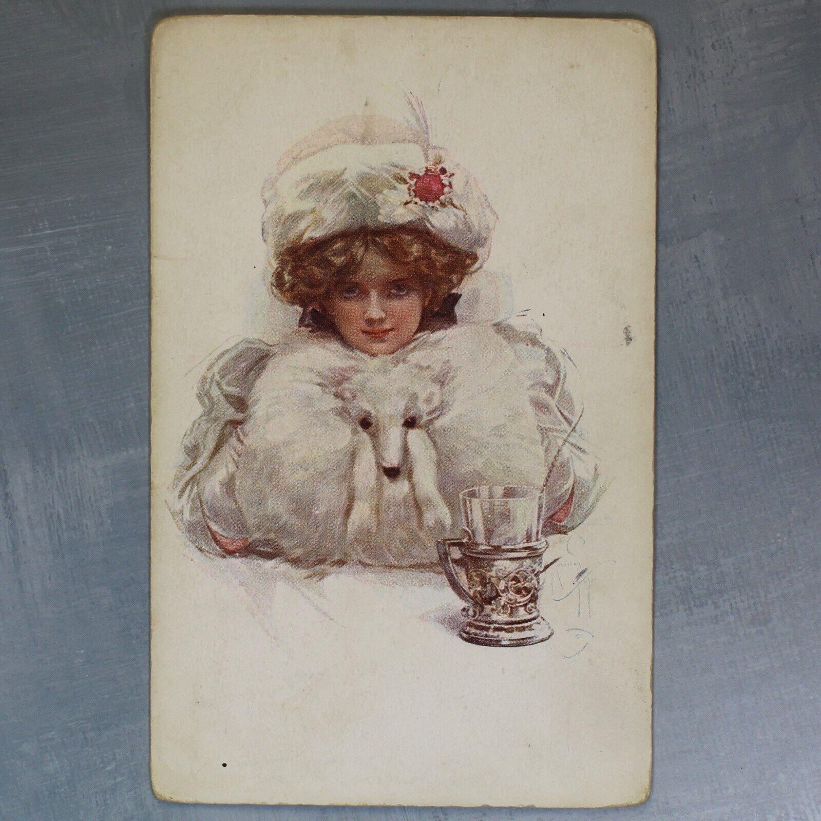 HARRISON FISHER. Polarbear. Glass tea holder. Tsarist Russia postcard 1909s🎀