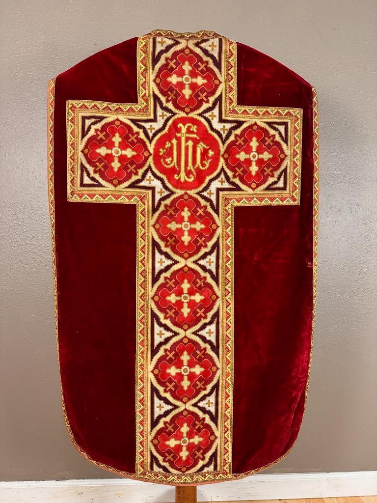 Antique Needlepoint Chasuble/Vestments in Brilliant Red