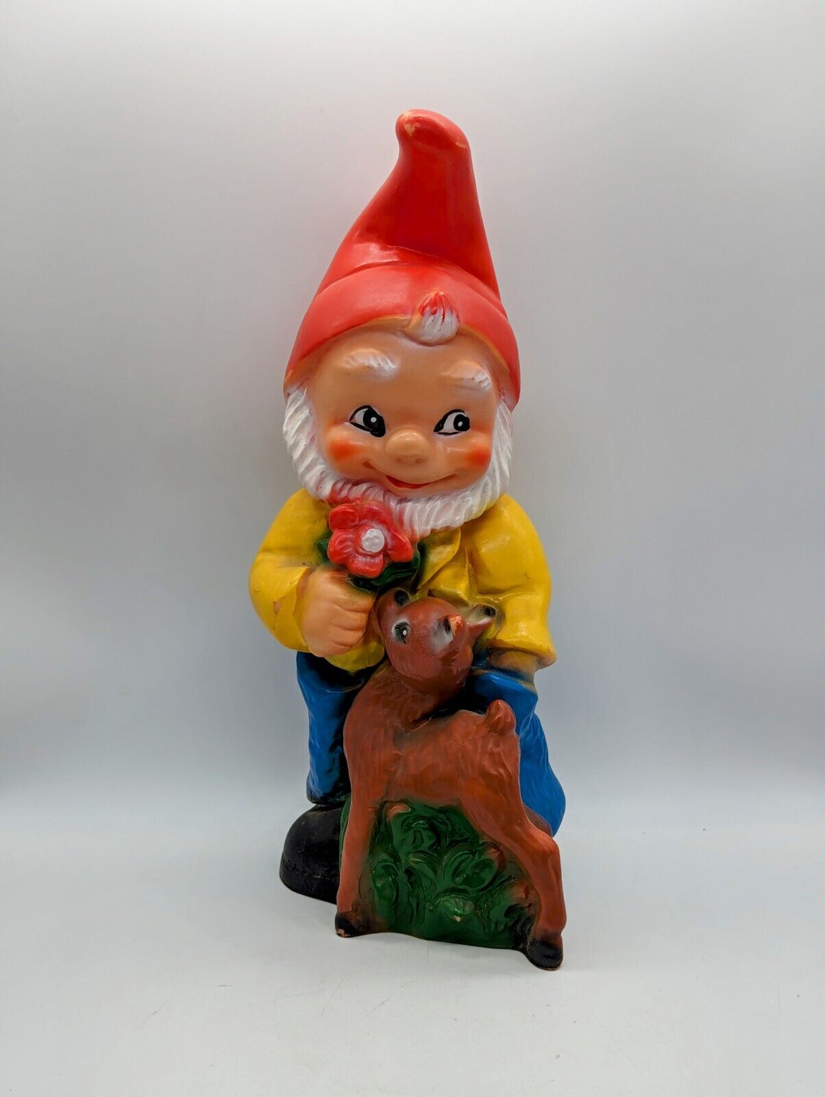 Vintage Garden Gnome w/ Deer West Germany Flower Plastic Rubber Vibrant 6008