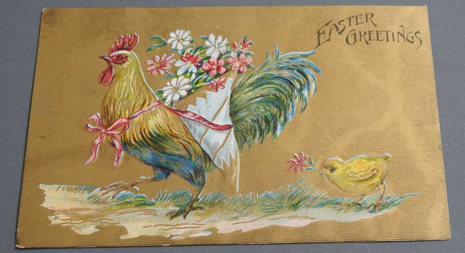 antique 1909 EASTER POSTCARD Embossed Rooster & chick Gold foil