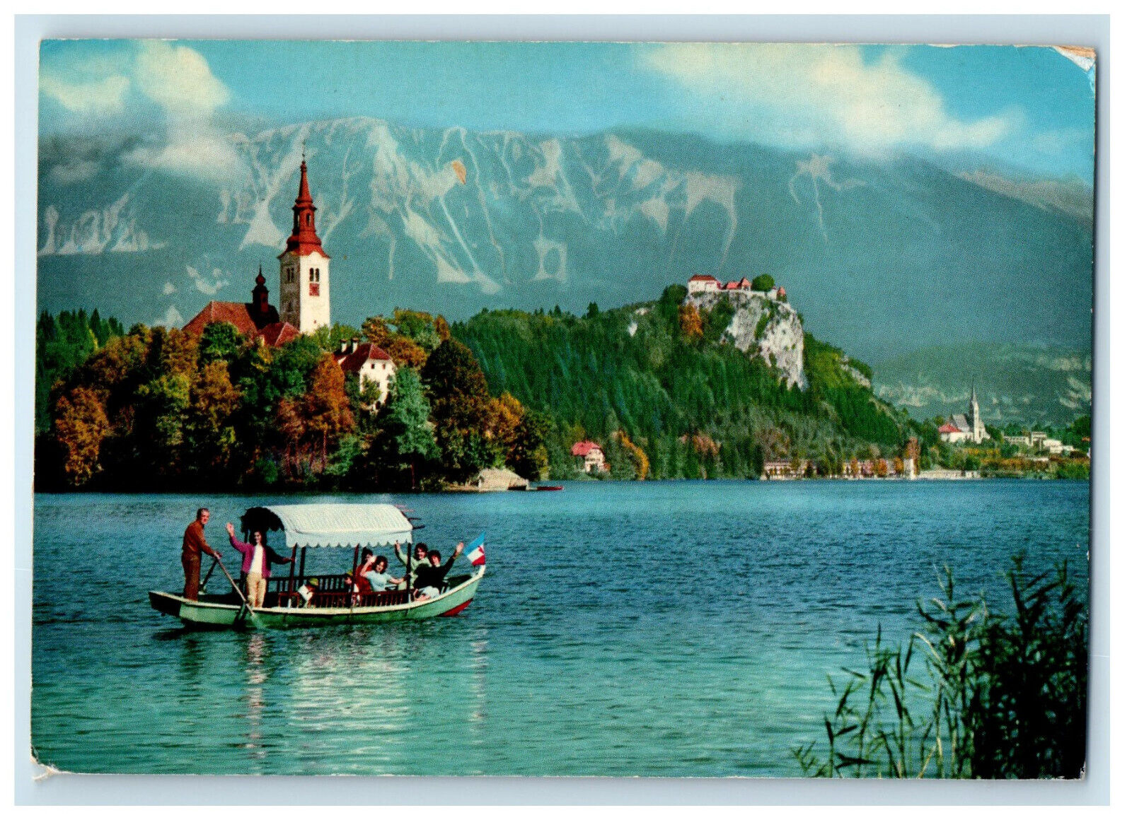 1969 View on the Lake, Boat Sailing, Mountain, Buildings BLED Slovenia Postcard