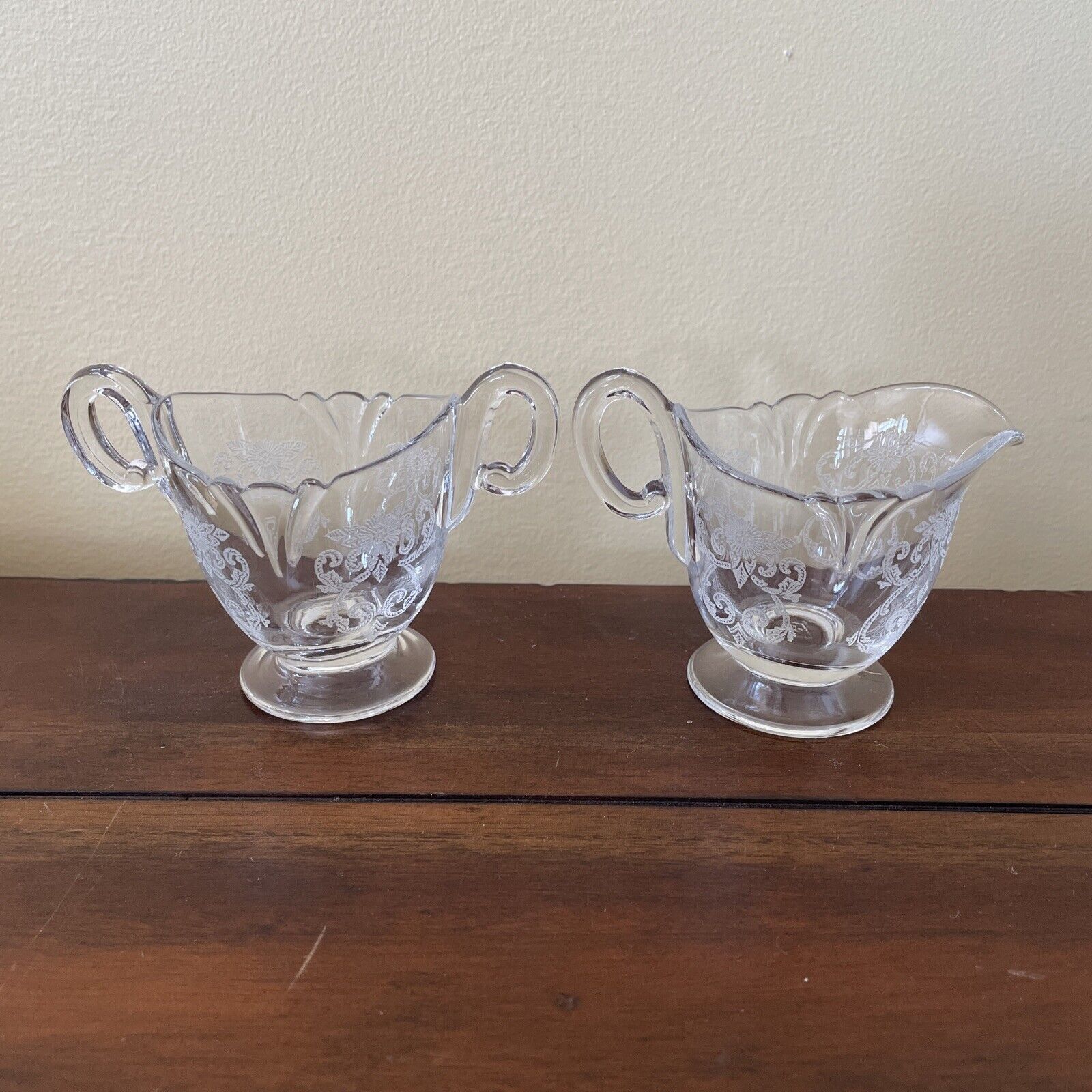 Heisey Cream and Sugar Bowl Clear Etched Glass Floral