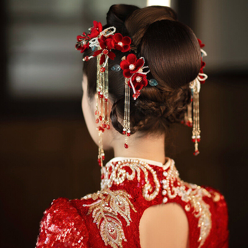 New Xiuhe Headwear Set Chinese Retro Bride Floral Hairpin Handmade 8Pcs Set