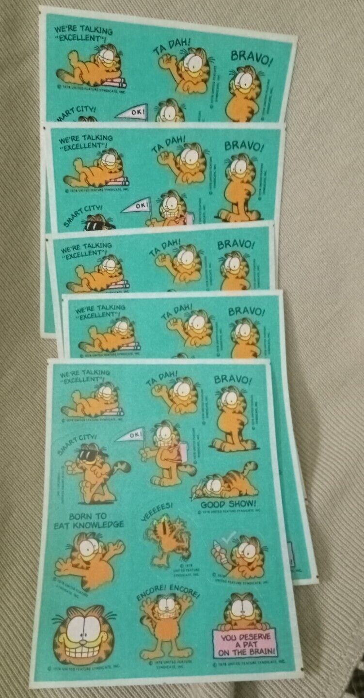 Lot Of 5 Vintage Garfield Cartoon Cat Sticker Sheets - United Feature Syndicate