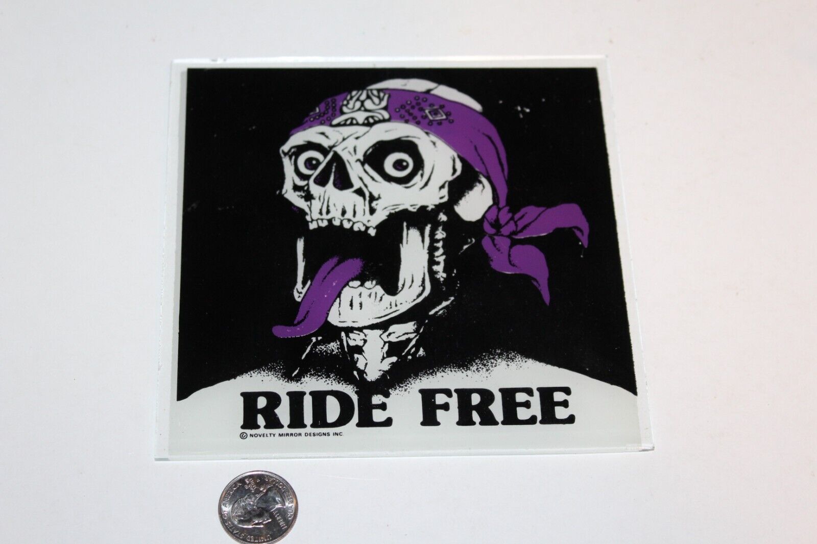VTG Rare Ride Free Carnival Prize Mirror Glass Skull Motorcycle Biker Tongue 80s