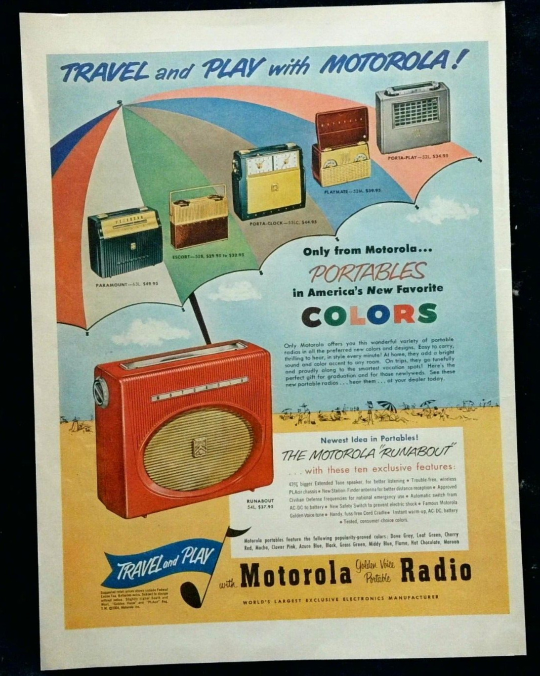 1954 Vintage Motorola Portables Favorite Colors Art Print Ad