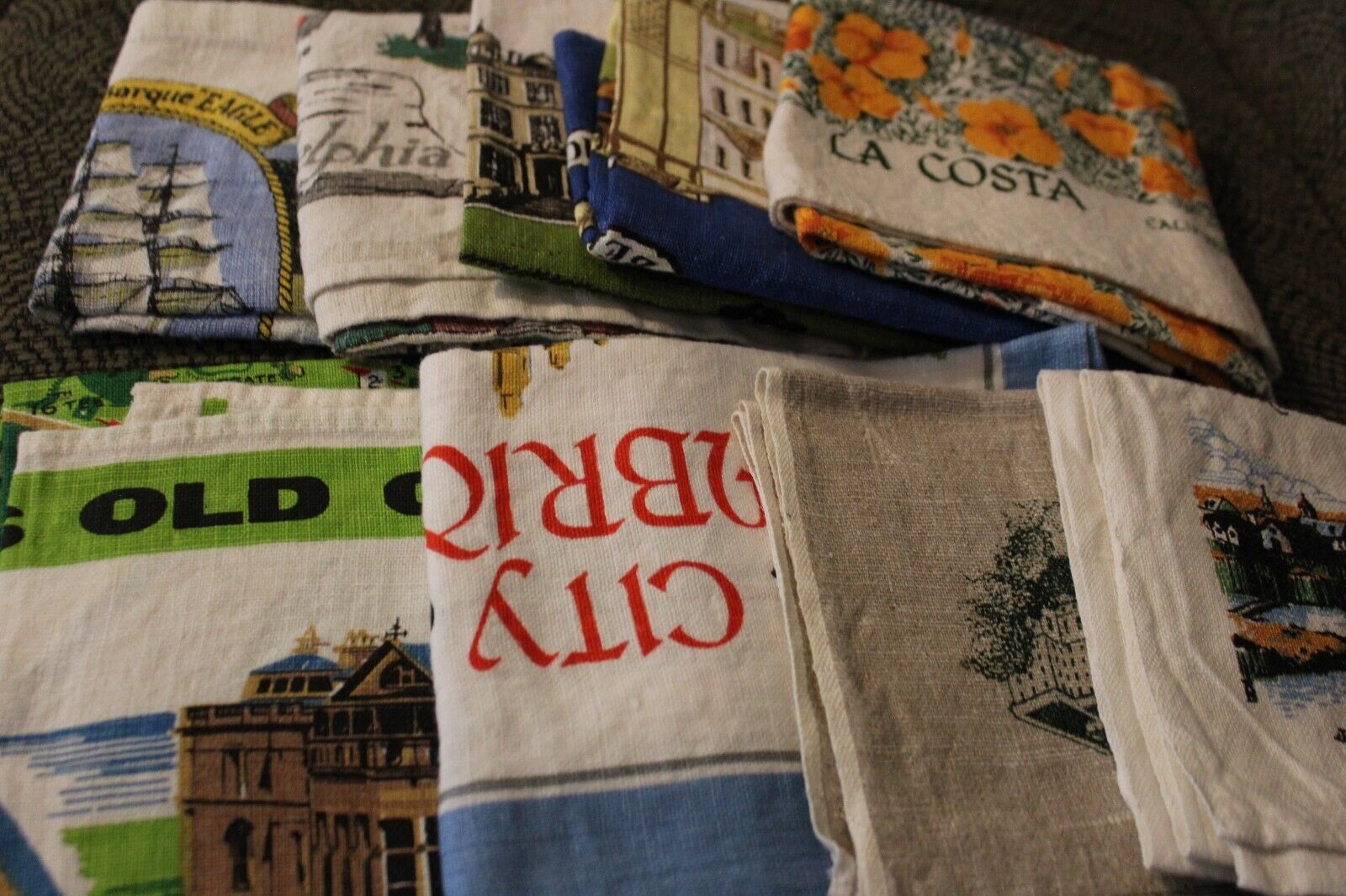 Vintage Lot of 9 Linen Kitchen Towels Used Historic Places