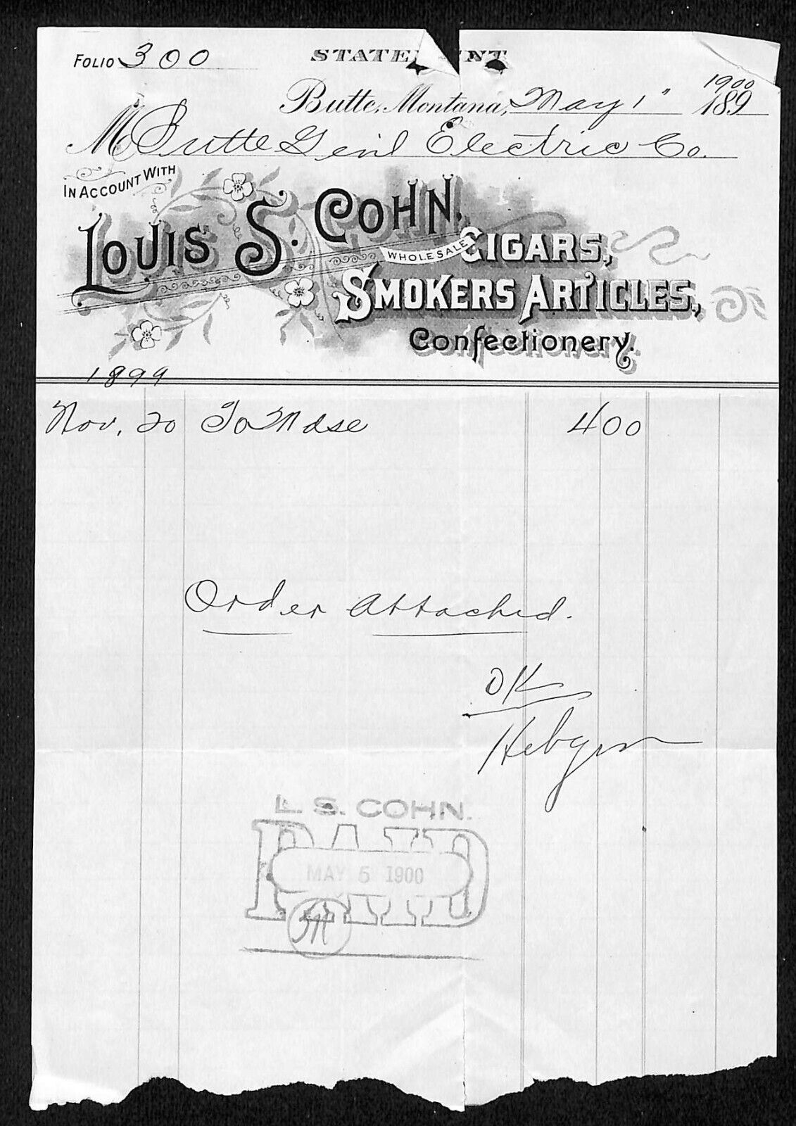 Butte, MT Louis S. Cohn Cigars Smokers Articles Confectionery 1900 Billhead