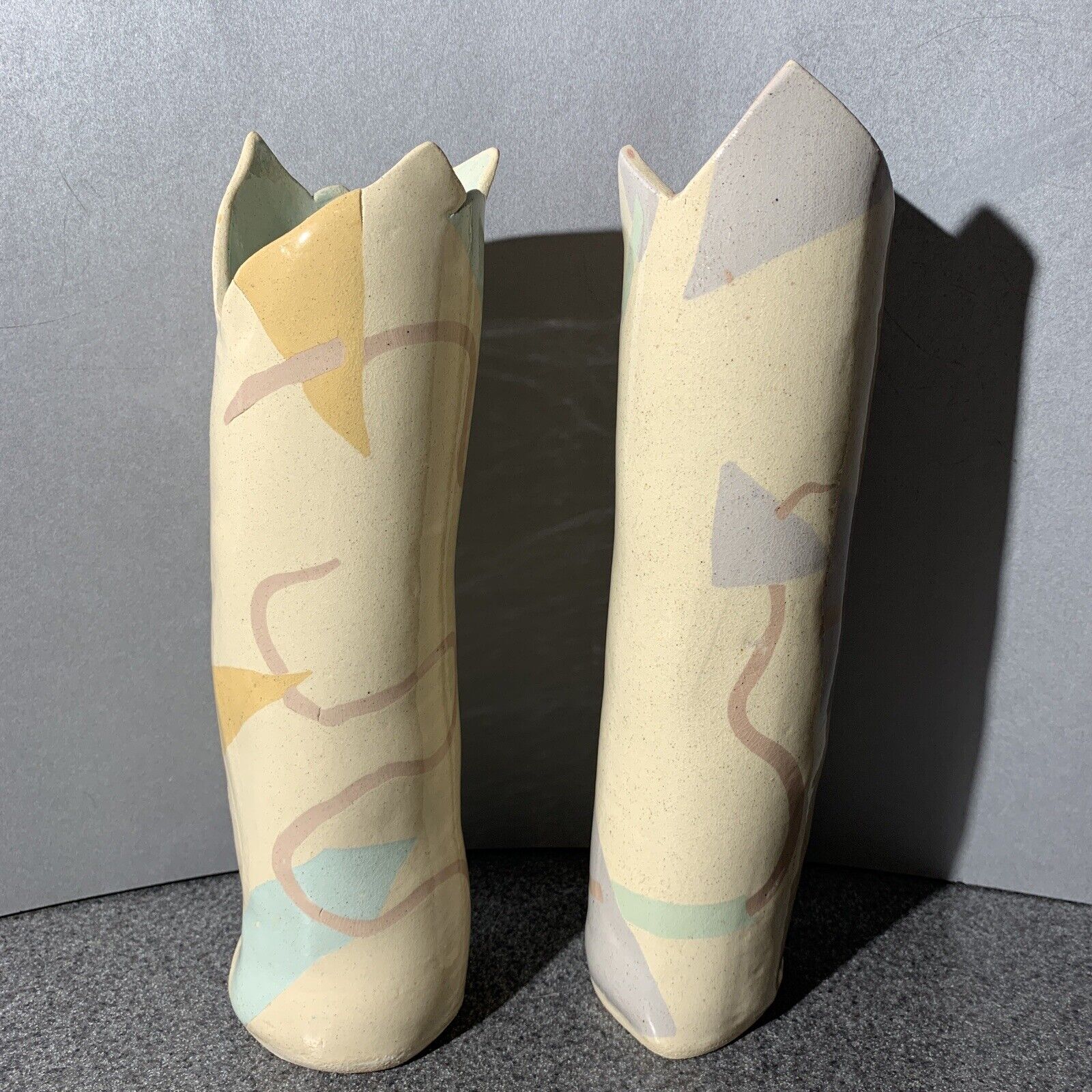 Two Signed Bernadette Stillo Studio Pottery Stoneware Vases Geometric Pattern