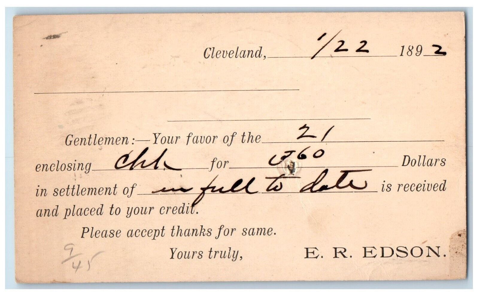 1892 E.R. Edson Cleveland Ohio OH AJ Griest Fleming Pennsylvania PA Postal Card